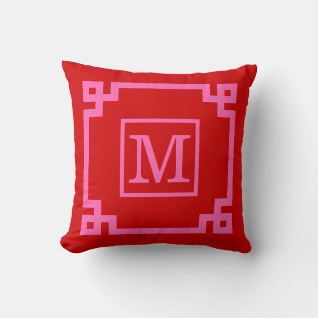 DIY Colours Greek Key #2 Framed Monogm Hot Pink Re Throw Pillow (Front)