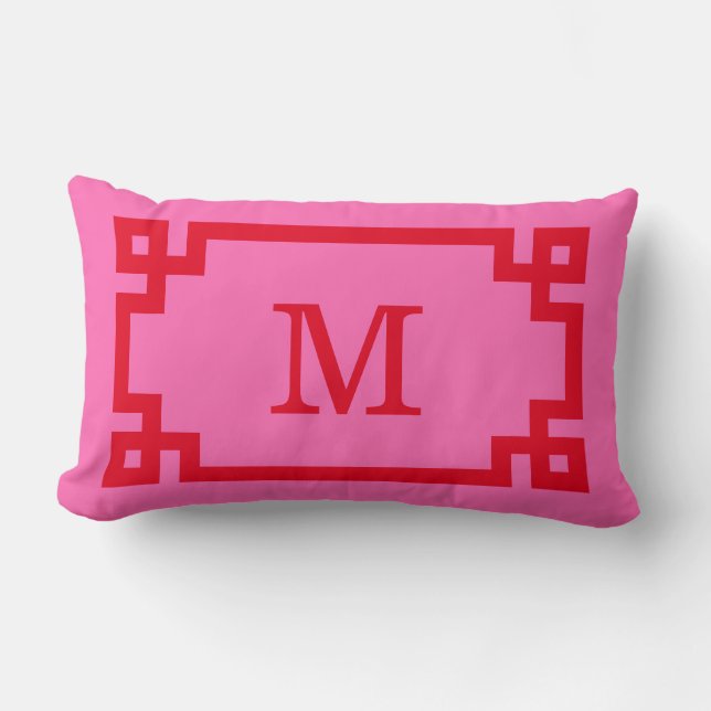 DIY Colours Greek Key #2 Framed Monogm Red Hot Pin Lumbar Pillow (Front)