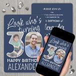 DIY Colours • Look Who's 30 Birthday Party 2 Photo Invitation<br><div class="desc">Look who's turning 30! Invite family and friends to an elegant 30th birthday celebration for him or her with custom 2 photo party invitations. Pictures and wording on this template are simple to personalize. The navy blue and white colours for the background, text and number outlines can all be customized...</div>