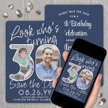 DIY Colours • Look Who's 30 Birthday Party 2 Photo Save The Date<br><div class="desc">Look who's turning 30! Invite family and friends to an upcoming 30th birthday celebration with elegant custom photo save the date party invitations. Pictures and wording on this template are simple to personalize. The navy blue and white colours for the background, text and number outlines can all be customized by...</div>