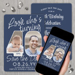 DIY Colours • Look Who's 40 Birthday Party 2 Photo Save The Date<br><div class="desc">Look who's turning 40! Invite family and friends to an upcoming 40th birthday celebration with elegant custom photo save the date party invitations. Pictures and wording on this template are simple to personalize. The navy blue and white colours for the background, text and number outlines can all be customized by...</div>