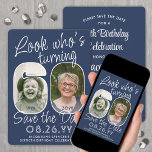 DIY Colours • Look Who's 60 Birthday Party 2 Photo Save The Date<br><div class="desc">Look who's turning 60! Invite family and friends to an upcoming 60th birthday celebration with elegant custom photo save the date party invitations. Pictures and wording on this template are simple to personalize. The navy blue and white colours for the background, text and number outlines can all be customized by...</div>