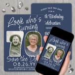 DIY Colours • Look Who's 70 Birthday Party 2 Photo Save The Date<br><div class="desc">Look who's turning 70! Invite family and friends to an upcoming 70th birthday celebration with elegant custom photo save the date party invitations. Pictures and wording on this template are simple to personalize. The navy blue and white colours for the background, text and number outlines can all be customized by...</div>