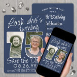 DIY Colours • Look Who's 75 Birthday Party 2 Photo Save The Date<br><div class="desc">Look who's turning 75! Invite family and friends to an upcoming 75th birthday celebration with elegant custom photo save the date party invitations. Pictures and wording on this template are simple to personalize. The navy blue and white colours for the background, text and number outlines can all be customized by...</div>