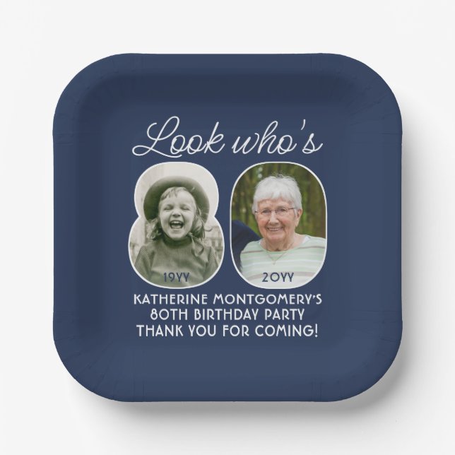 DIY Colours • Look Who's 80 Birthday Party 2 Photo Paper Plate (Front)
