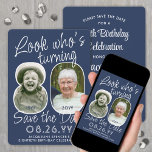 DIY Colours • Look Who's 80 Birthday Party 2 Photo Save The Date<br><div class="desc">Look who's turning 80! Invite family and friends to an upcoming 80th birthday celebration with elegant custom photo save the date party invitations. Pictures and wording on this template are simple to personalize. The navy blue and white colours for the background, text and number outlines can all be customized by...</div>