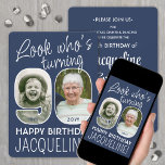 DIY Colours • Look Who's 90 Birthday Party 2 Photo Invitation<br><div class="desc">Look who's turning 90! Invite family and friends to an elegant 90th birthday celebration for him or her with custom 2 photo party invitations. Pictures and wording on this template are simple to personalize. The navy blue and white colours for the background, text and number outlines can all be customized...</div>