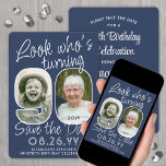 DIY Colours • Look Who's 90 Birthday Party 2 Photo Save The Date<br><div class="desc">Look who's turning 90! Invite family and friends to an upcoming 90th birthday celebration with elegant custom photo save the date party invitations. Pictures and wording on this template are simple to personalize. The navy blue and white colours for the background, text and number outlines can all be customized by...</div>