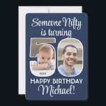 DIY Colours • Nifty Fifty 50th Birthday Party Phot Invitation<br><div class="desc">Someone nifty is turning 50! Invite family and friends to an elegant fiftieth birthday celebration for him or her with custom 2 photo party invitations. Pictures and all text on this template are simple to personalize. The navy blue and white colours for the background, text and number outlines can all...</div>
