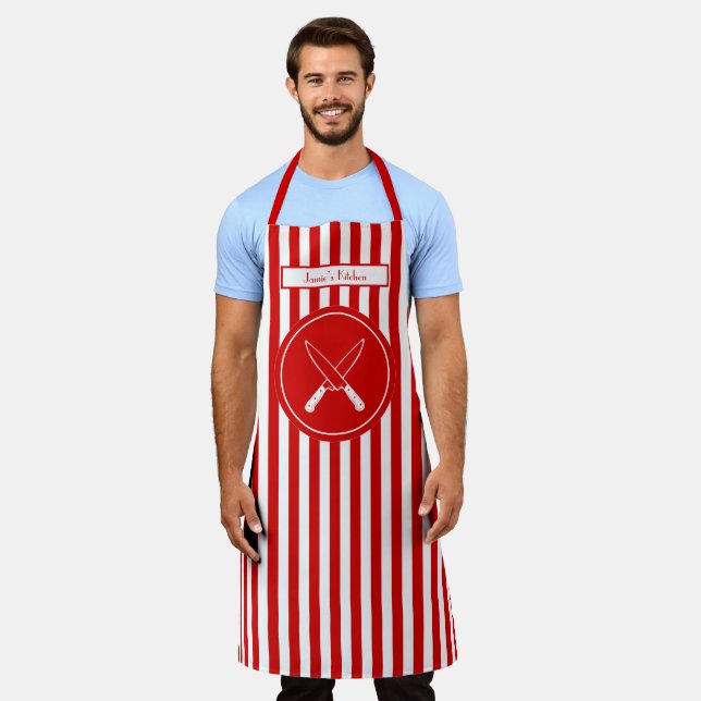 DIY Colours Vertical Stripe Red White Cross Knives Apron (Worn)
