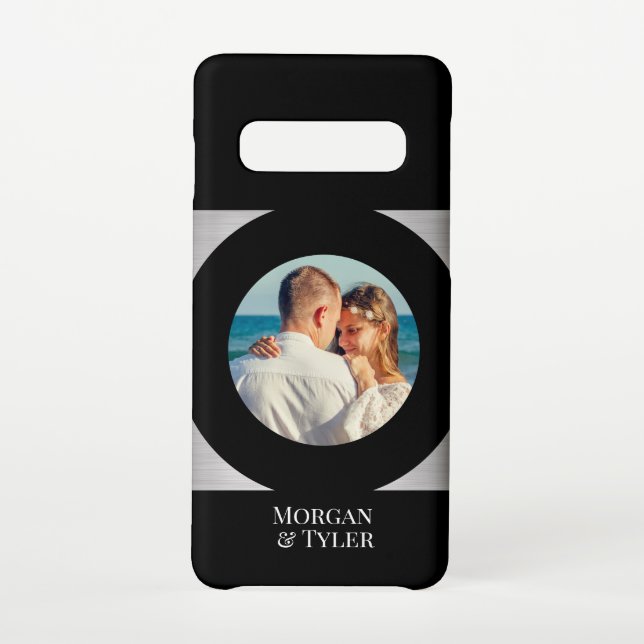 DIY Couple's Photo & Names Blk Circle Silver Black Samsung Galaxy Case (Back)