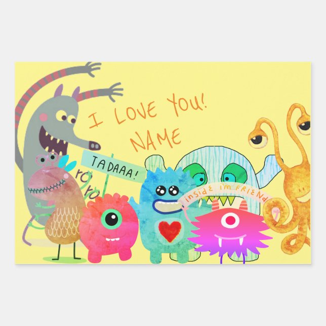 DIY CUSTOM NAME HAPPY MONSTER GIFT WRAPPING WRAPPING PAPER SHEET (Front 2)