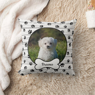 DIY Dog Photo Circle Name Bone Black Paws Rustic Throw Pillow