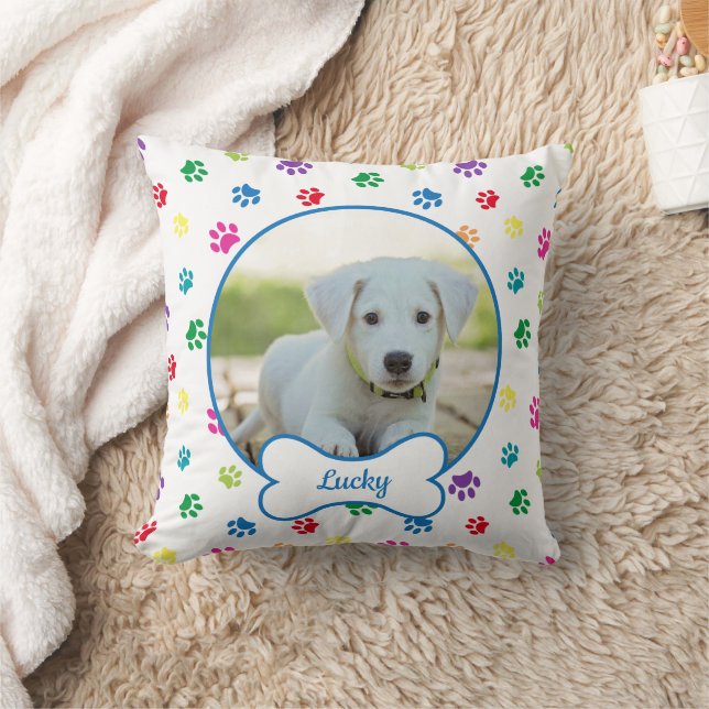 DIY Dog Photo Circle Name Bone Colourful Paw Print Throw Pillow (Blanket)