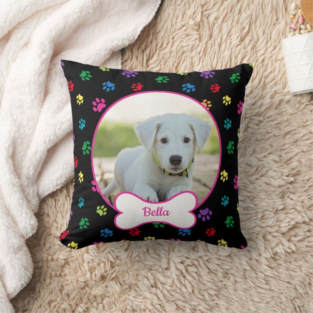 DIY Dog Photo Circle Name Bone Colourful Paws Blac Throw Pillow (Blanket)