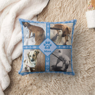 DIY dog photo collage paw prints blue reversible Throw Pillow