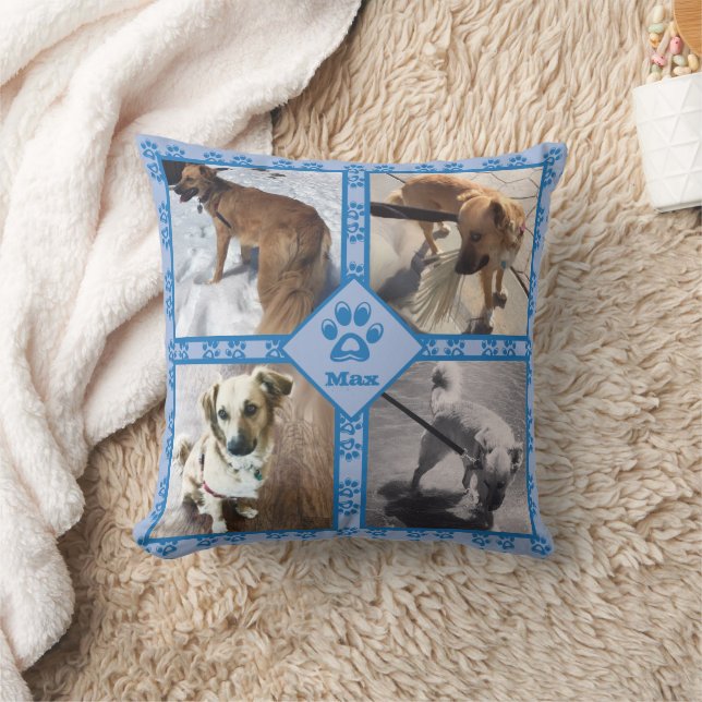 DIY dog photo collage paw prints blue reversible Throw Pillow (Blanket)