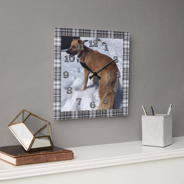 DIY dog photo with grey and black plaid frame Square Wall Clock (Office)