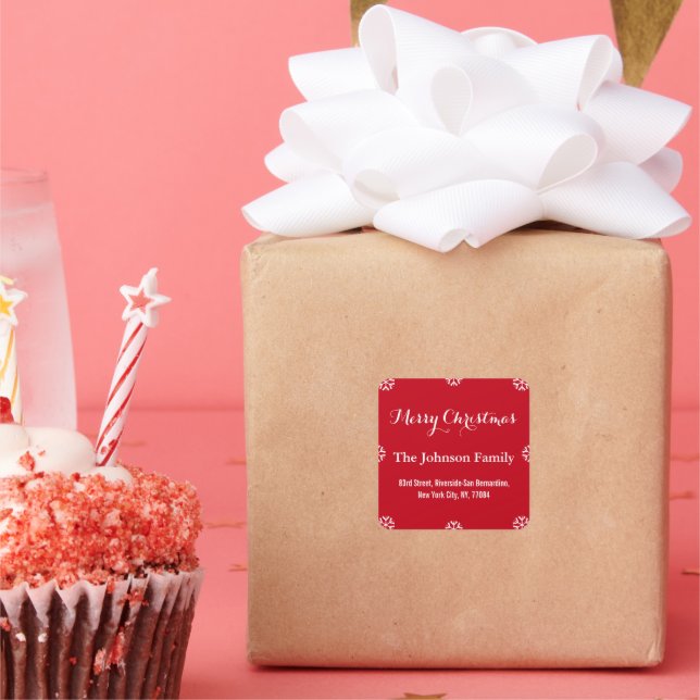 DIY Elegant Christmas Red White Script Snowflakes Square Sticker (Party)
