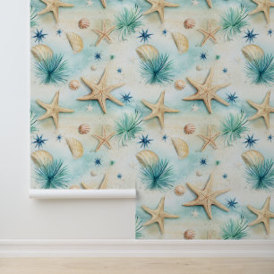 DIY Elegant Ocean Starfish Teal Seaweed Beach Vibe Wallpaper