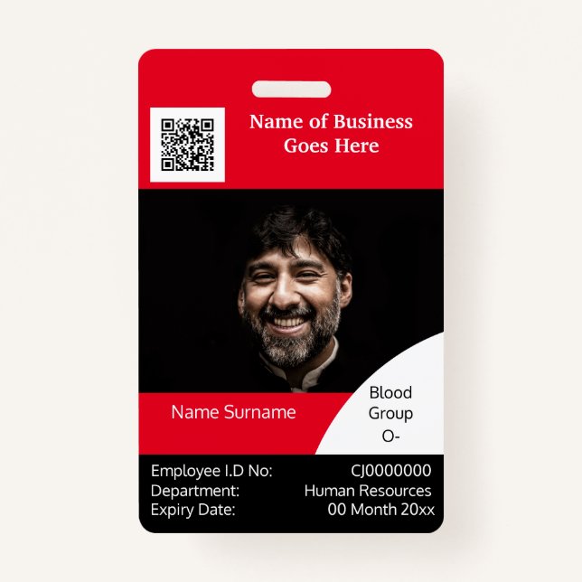 DIY Employee ID card red black white template Badge (Front)