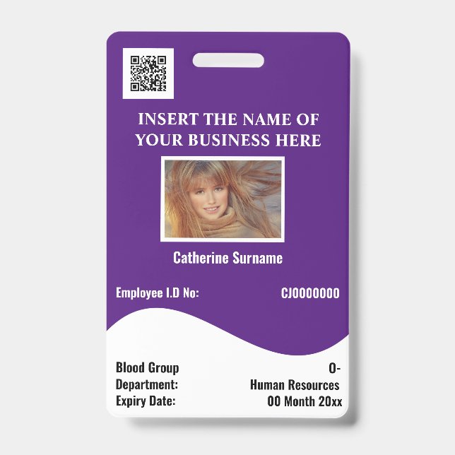 DIY employee ID card white wave purple horizontal Badge (Front)