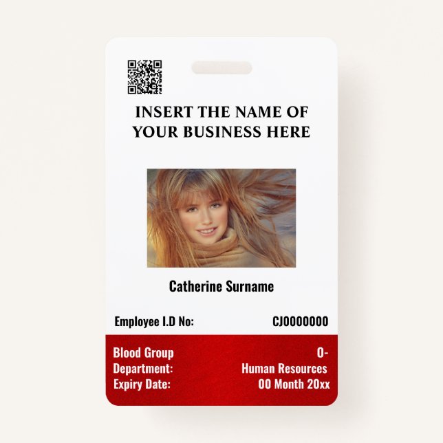DIY employee photo ID card white red vertical Badge (Front)