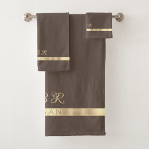 DIY Fancy Gold Monogram Name, Gold Stripe, Brown Bath Towel Set