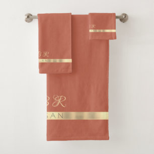 DIY Fancy Gold Monogram Name, Gold Stripe, Copper Bath Towel Set