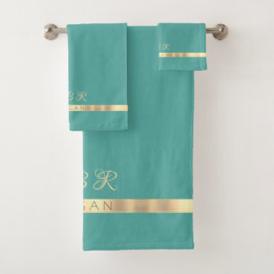 DIY Fancy Gold Monogram Name, Gold Stripe, Teal Bath Towel Set