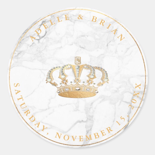 DIY Faux Gold Crown w/Pearl+Marble Classic Round Sticker (Front)