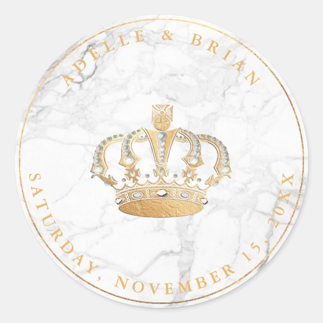 DIY Faux Gold Crown w/Pearl+Marble Classic Round Sticker (Front)