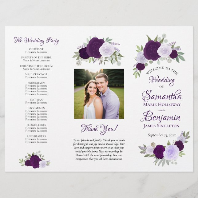DIY Fold Purple Boho Roses Wedding Program (Front)