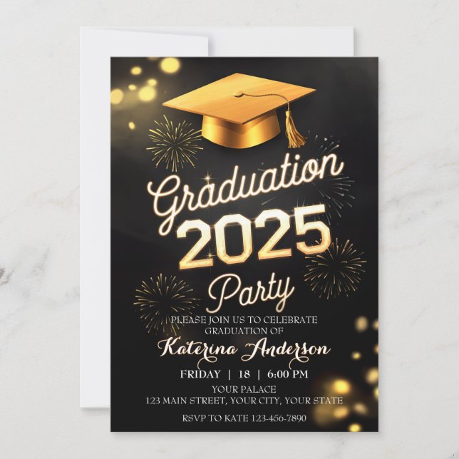 DIY Formal Dinner Graduation Black Gold Fireworks Invitation (Front)