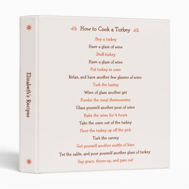 DIY Funny Thanksgiving Roast Turkey Recipe Kitchen Binder (Front/Spine)