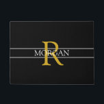 DIY Gold Monogram, White Name, Black, Grey Stripes Doormat<br><div class="desc">Personalize this trendy black doormat with Gold Monogram and White Name. A simple,  yet elegant design for him or her with 2 grey stripes.</div>