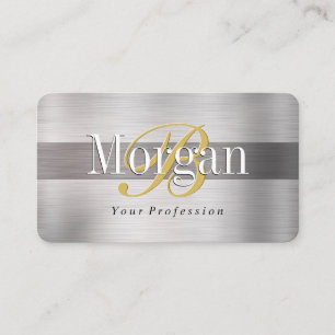 DIY Gold Monogram White Name Lt & Dk Brushed Steel Business Card