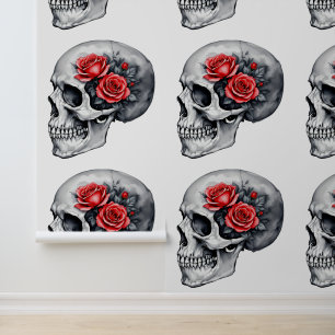 DIY Gothic Skull with Romantic Floral Red Roses Wallpaper