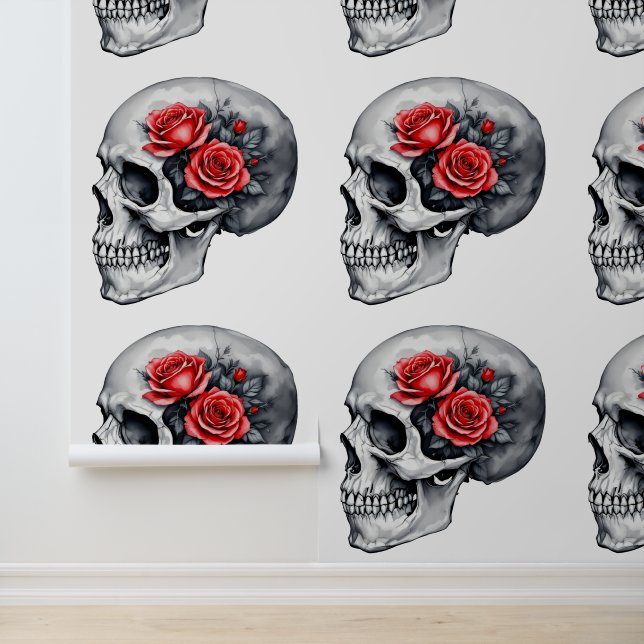 DIY Gothic Skull with Romantic Floral Red Roses Wallpaper (Application)