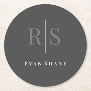 DIY Grey Monogram & White Name on Dark Grey Round Paper Coaster
