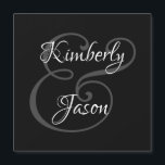 DIY His & Her Script Names, White & Grey on Black<br><div class="desc">His and her names in beautiful white and grey script lettering for an elegant design on black background. Click “Customize” to change colours and type styles.</div>