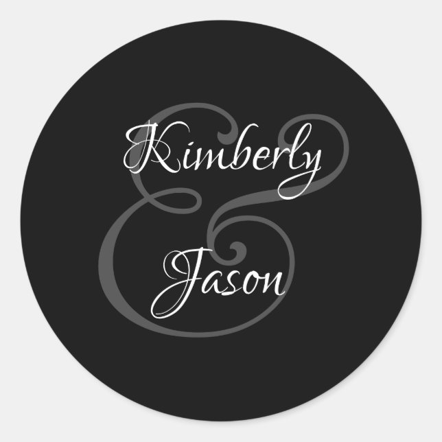 DIY His & Her Script Names, White & Grey on Black  Classic Round Sticker (Front)