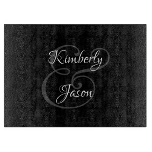 DIY His & Her Script Names, White & Grey on Black  Cutting Board