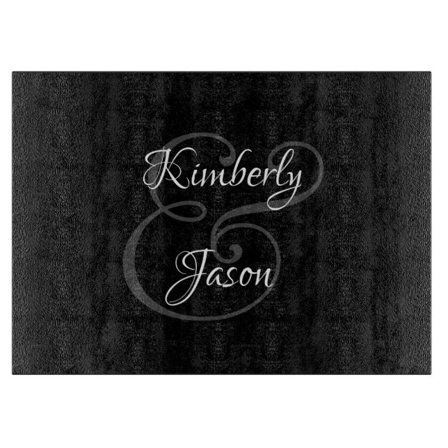 DIY His & Her Script Names, White & Grey on Black  Cutting Board (Front)