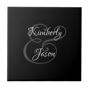 DIY His & Her Script Names, White & Grey on Black  Tile