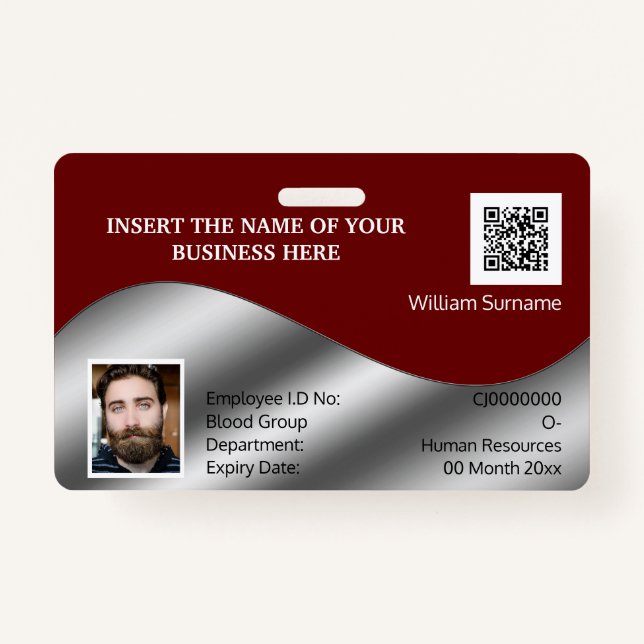 DIY ID card faux silver maroon photo logo template Badge (Front)