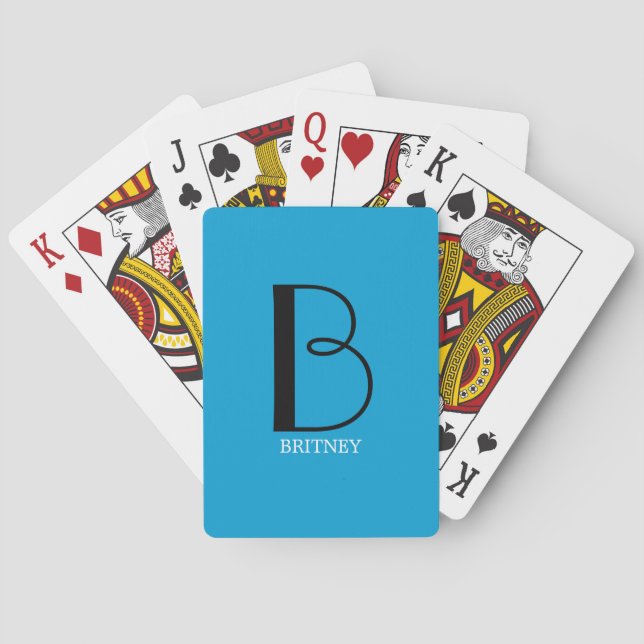 DIY Large Monogram & Name Blk/White Text, Sky Blue Playing Cards (Back)