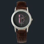 DIY Large Monogram & Name, Pink/White Text, Black Watch<br><div class="desc">Personalize this stylish and simple text design with your name in white and your large monogram in pink on black background. Click “Edit Using Design Tool” to change colours and type styles.</div>