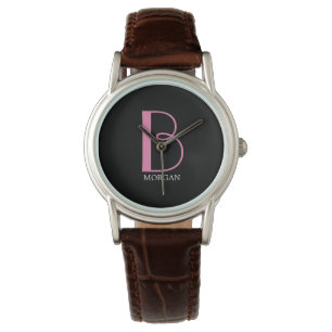 DIY Large Monogram & Name, Pink/White Text, Black Watch