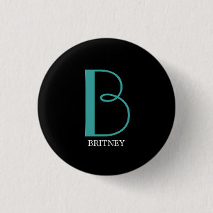 DIY Large Monogram & Name, Teal/White Text, Black 1 Inch Round Button